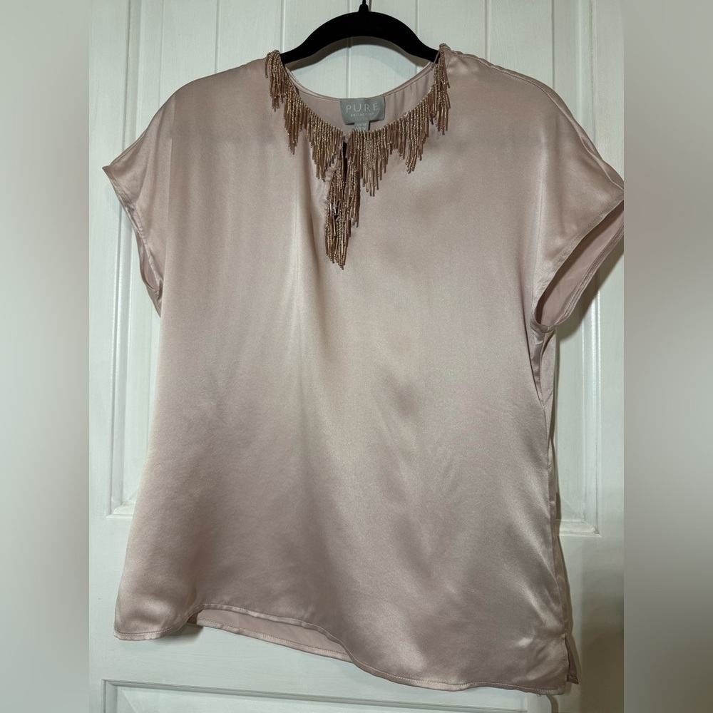 Pure Collection 100% Silk Top with Beaded Fringe in Light Pink